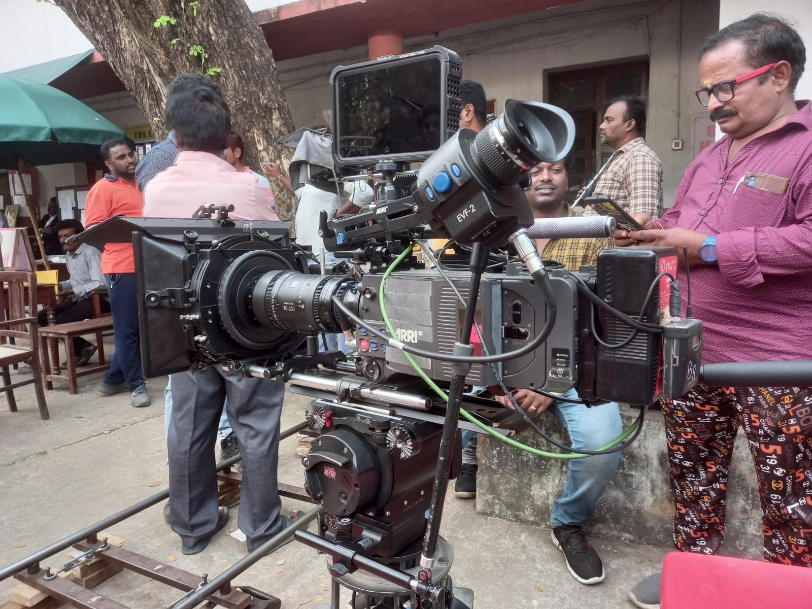 ARRI camera rigged with EVF-2 viewfinder and ZEISS Compact Zoom lens on a Chennai film set